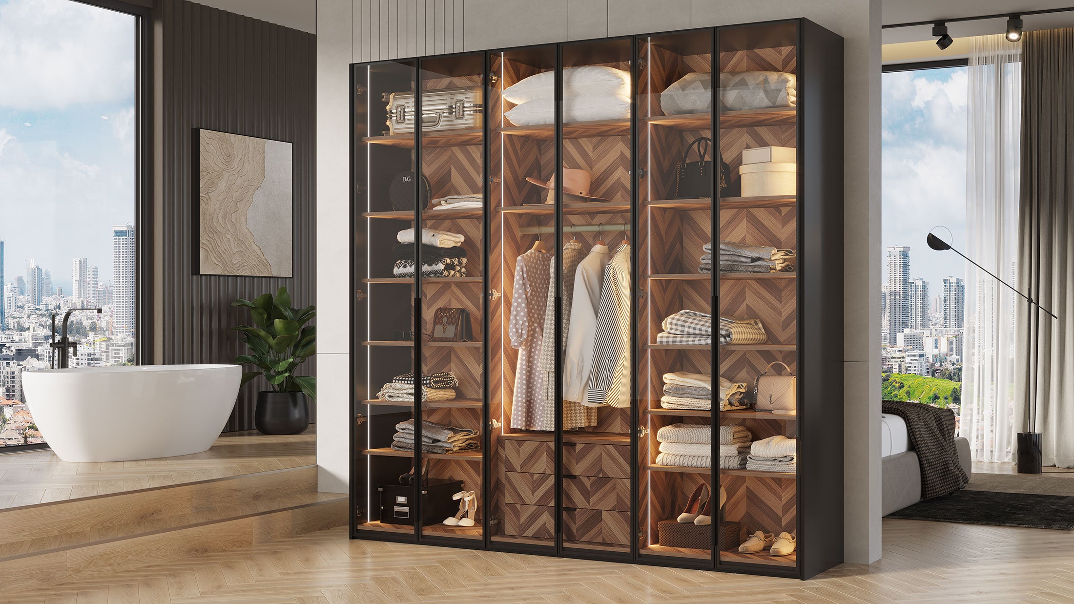 ארון פתיחה דגם יהלום – 6 דלתות זכוכית גוון שחור כולל תאורה ו 3 מגירות מתנה