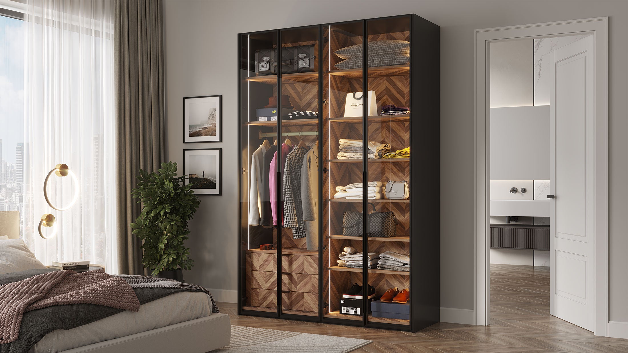 ארון פתיחה דגם יהלום – 4 דלתות זכוכית גוון שחור כולל תאורה ו 3 מגירות מתנה