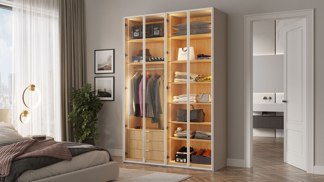 ארון פתיחה דגם יהלום – 4 דלתות זכוכית גוון לבן כולל תאורה ו 3 מגירות מתנה