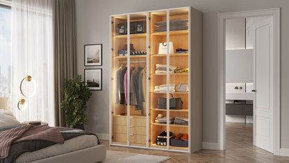 ארון פתיחה דגם יהלום – 4 דלתות זכוכית גוון לבן כולל תאורה ו 3 מגירות מתנה