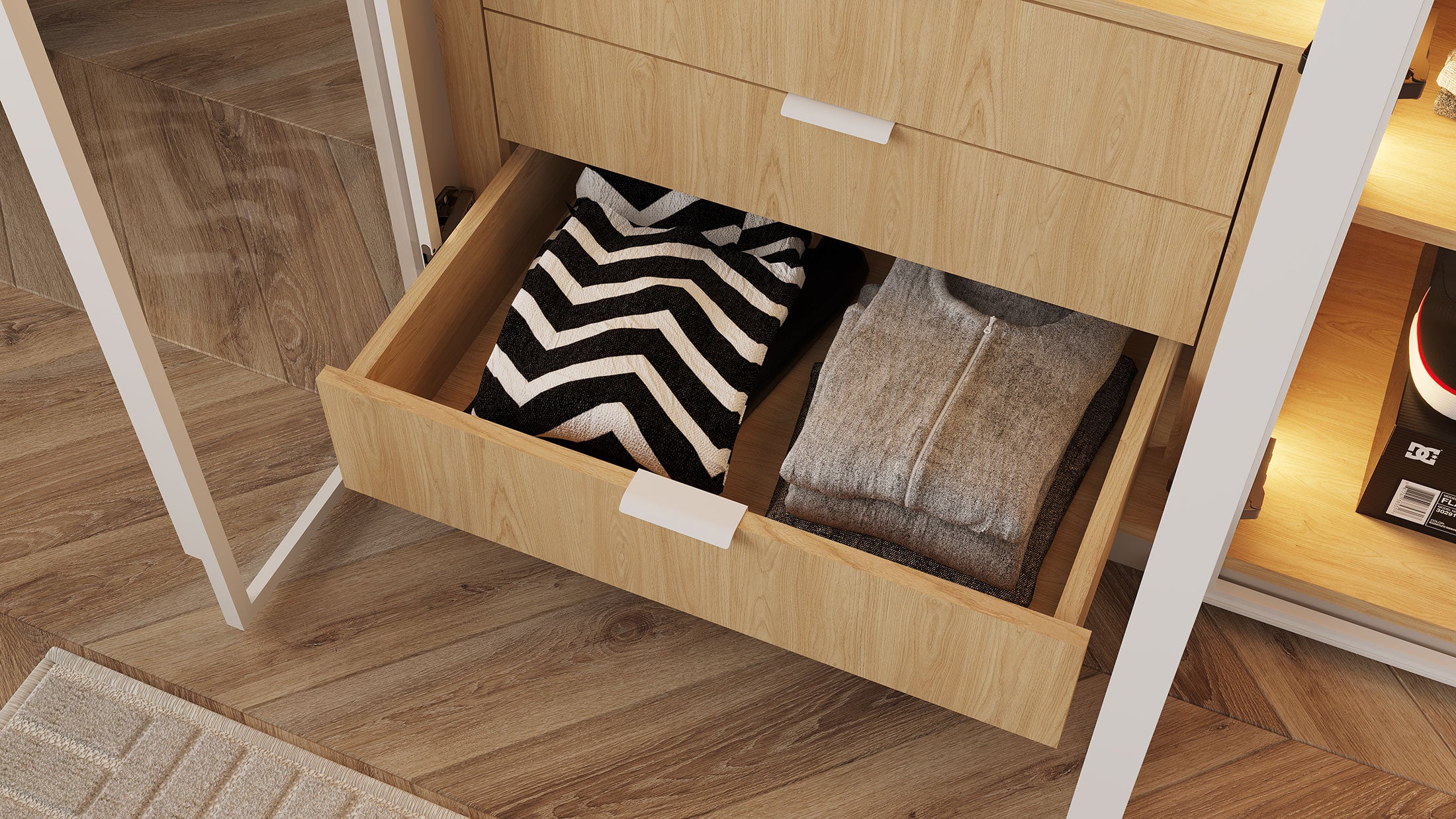 ארון פתיחה דגם יהלום – 4 דלתות זכוכית גוון לבן כולל תאורה ו 3 מגירות מתנה