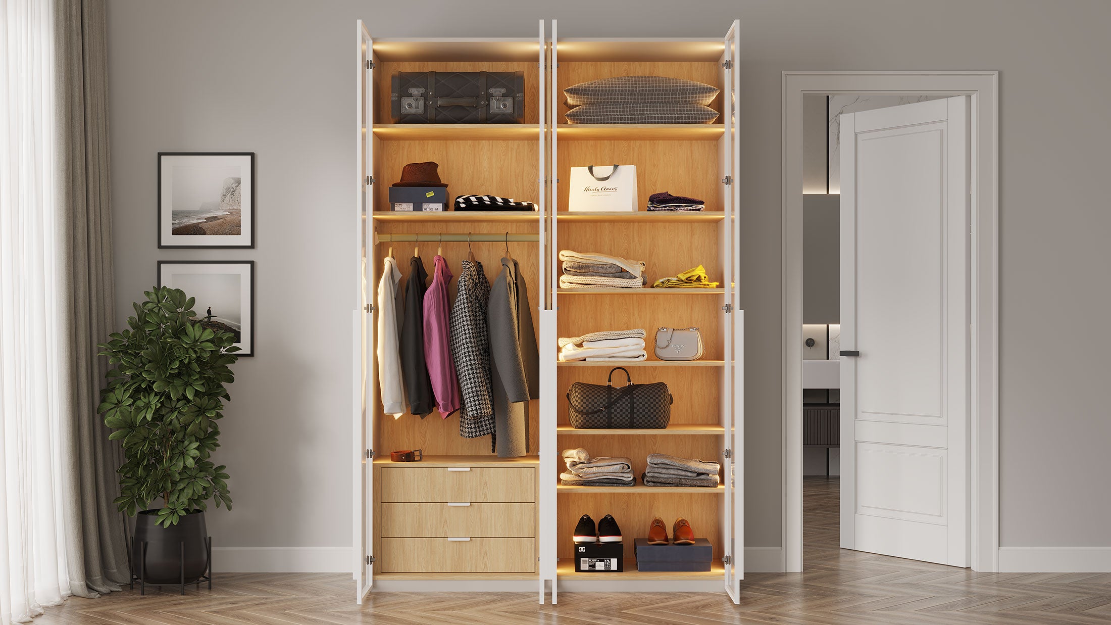 ארון פתיחה דגם יהלום – 4 דלתות זכוכית גוון לבן כולל תאורה ו 3 מגירות מתנה