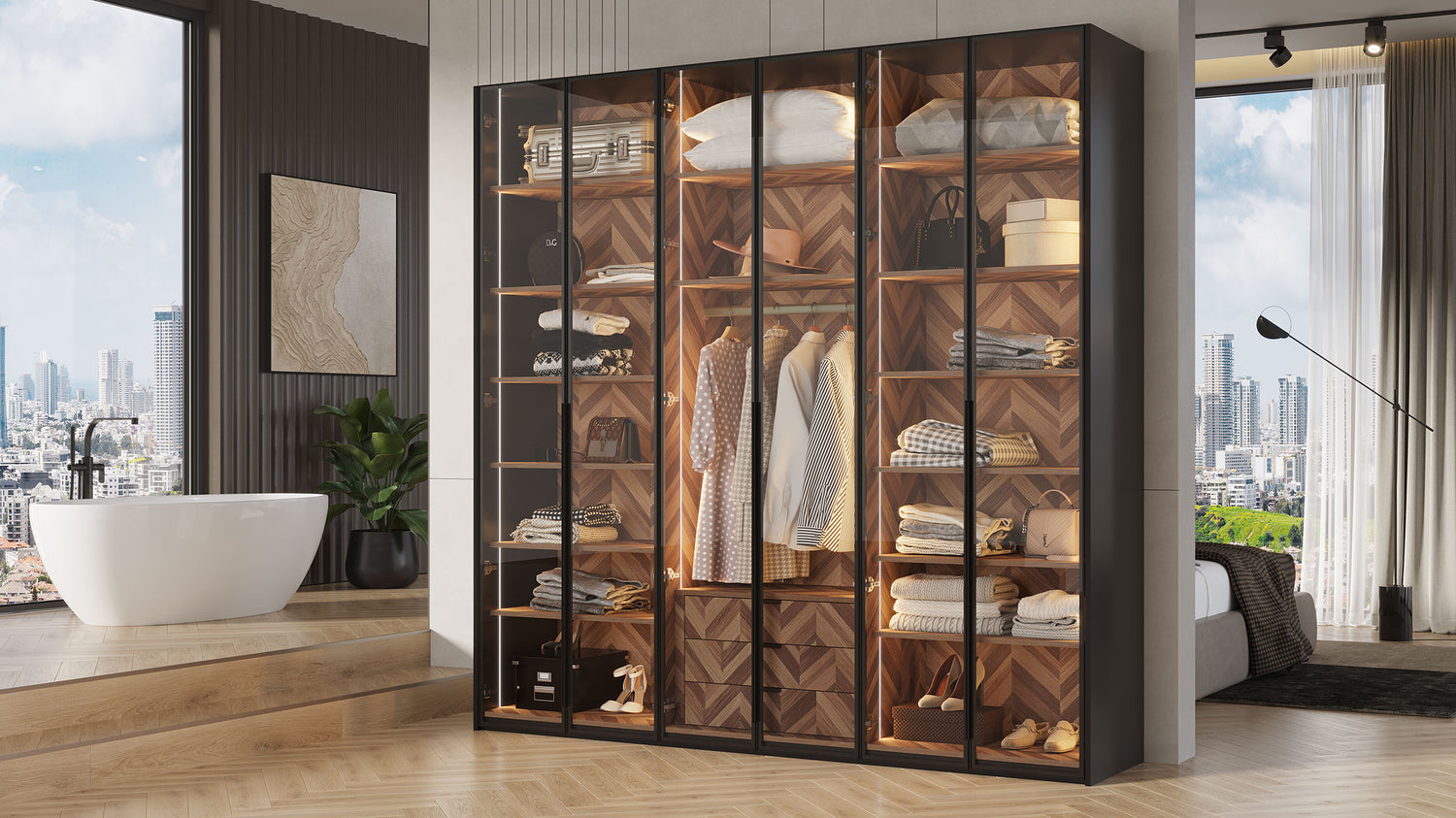 ארון פתיחה דגם יהלום – 6 דלתות זכוכית גוון שחור כולל תאורה ו 3 מגירות מתנה