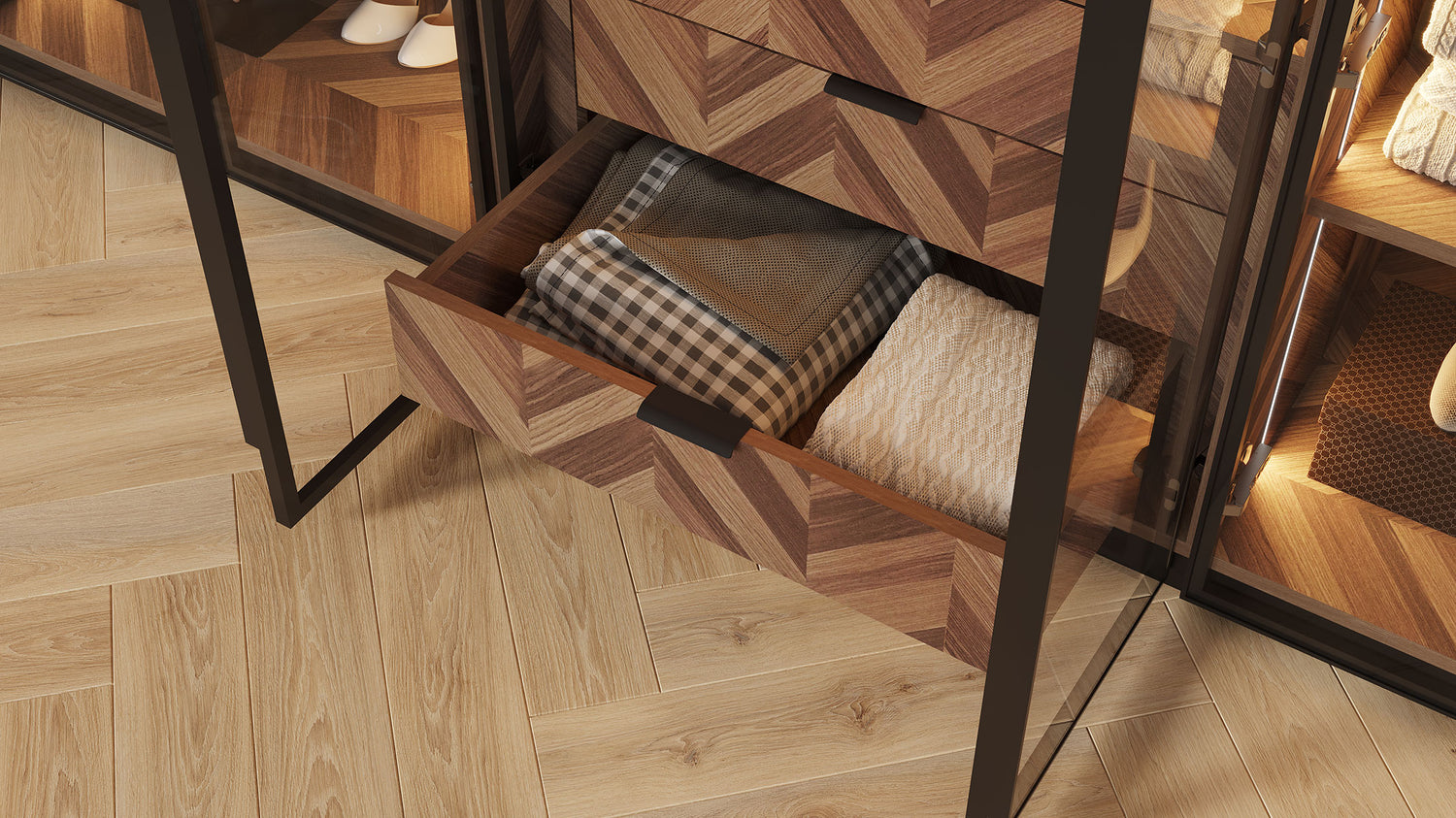 ארון פתיחה דגם יהלום – 6 דלתות זכוכית גוון שחור כולל תאורה ו 3 מגירות מתנה