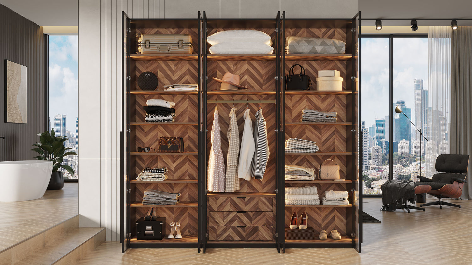 ארון פתיחה דגם יהלום – 6 דלתות זכוכית גוון שחור כולל תאורה ו 3 מגירות מתנה