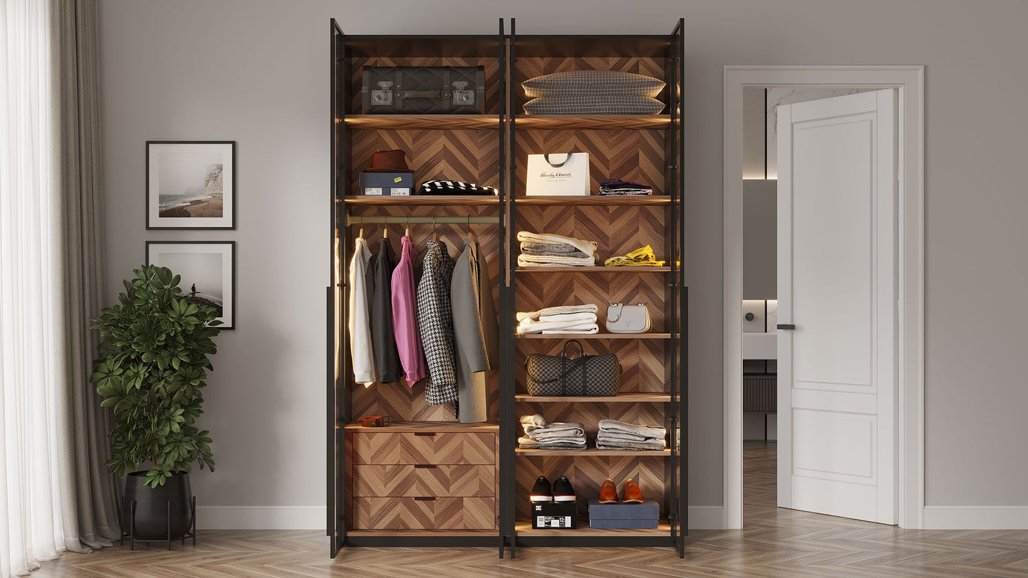 ארון פתיחה דגם יהלום – 4 דלתות זכוכית גוון שחור כולל תאורה ו 3 מגירות מתנה