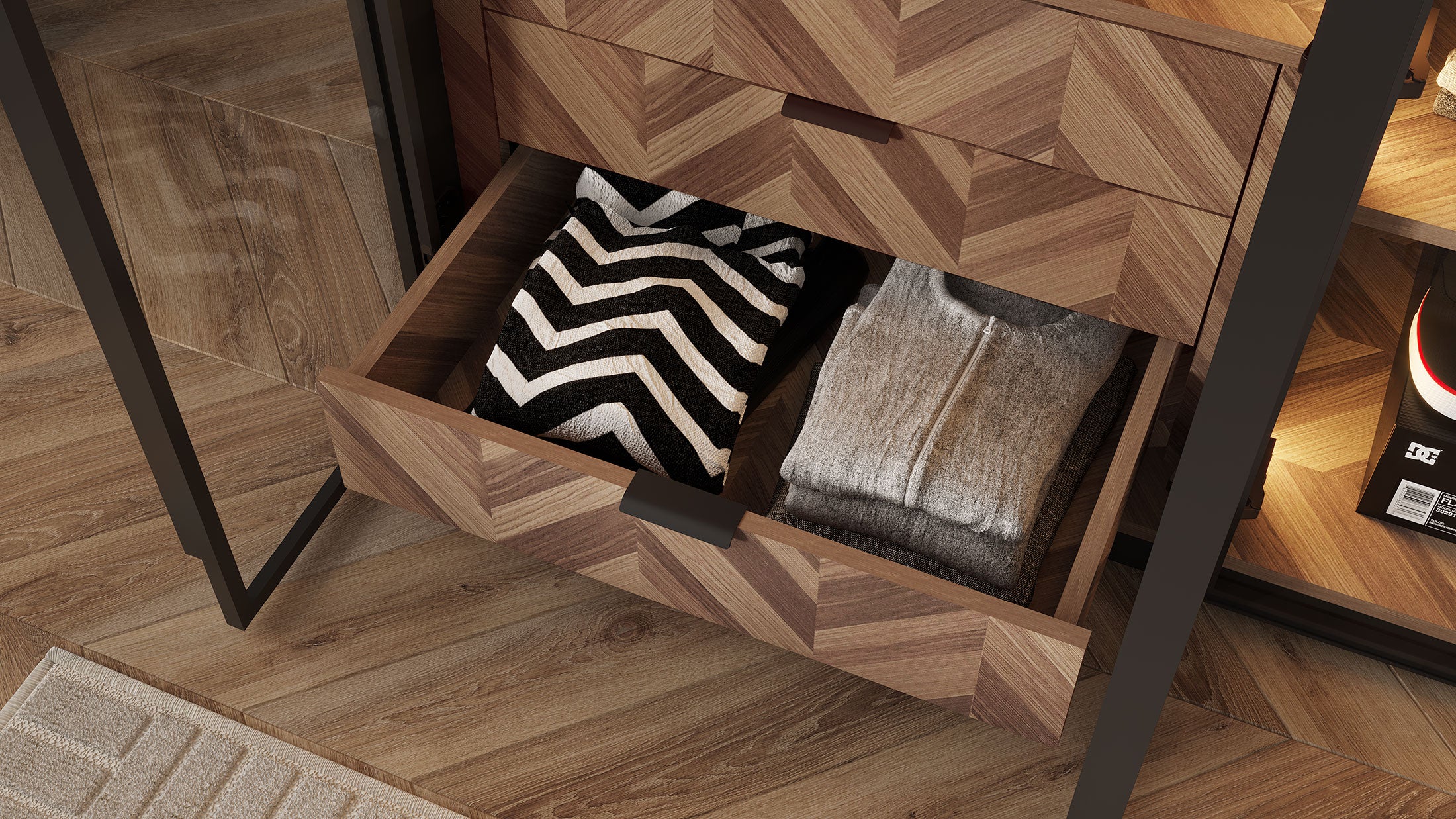 ארון פתיחה דגם יהלום – 4 דלתות זכוכית גוון שחור כולל תאורה ו 3 מגירות מתנה